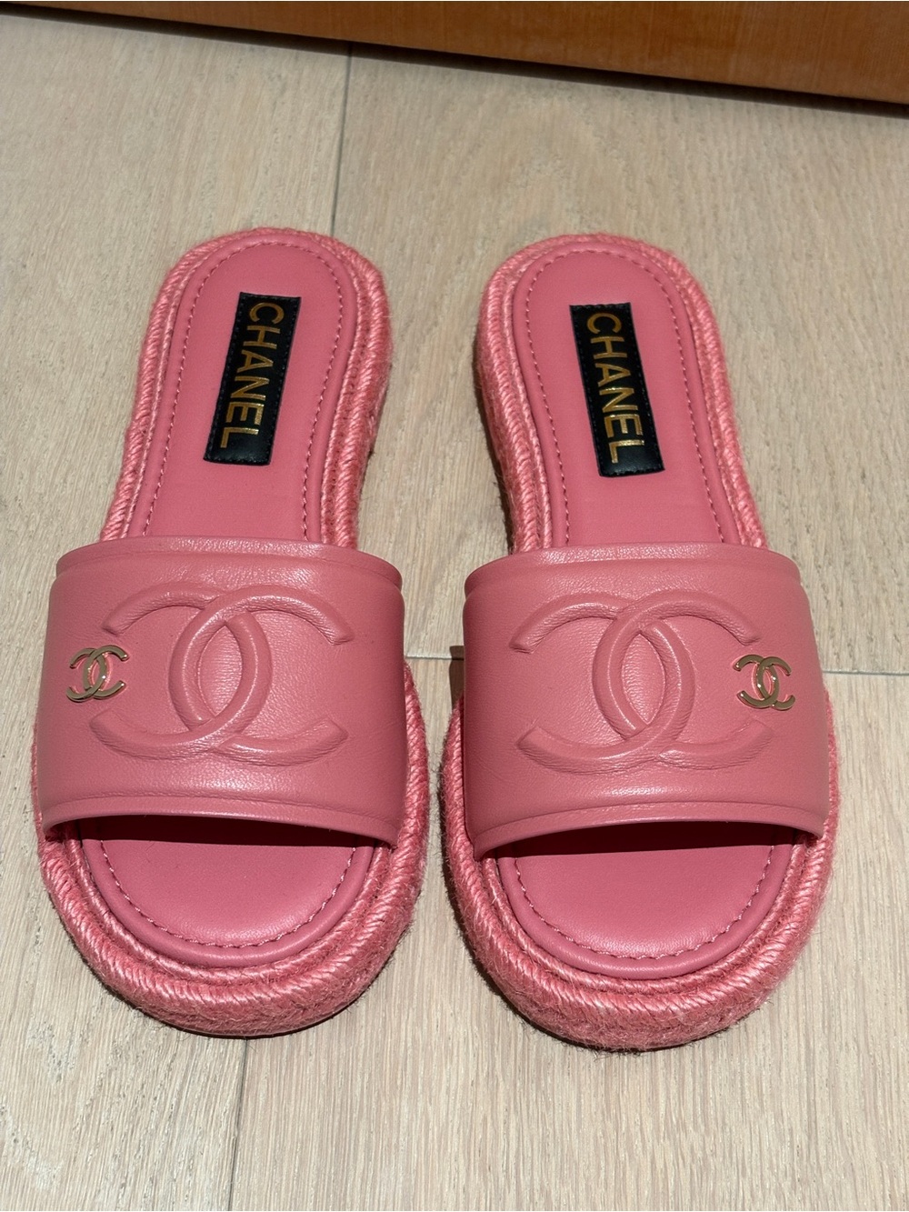 CHANEL Pink Leather Slide Sandals with Gold CC Accent